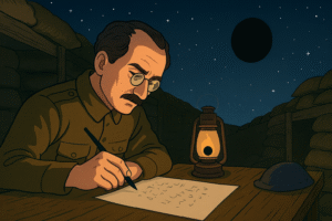 Ilustración de Karl Schwarzchild en la guerra realizando cálculos. Lo que sabemos sobre los agujeros negros, se lo debemos en buena parte a él.