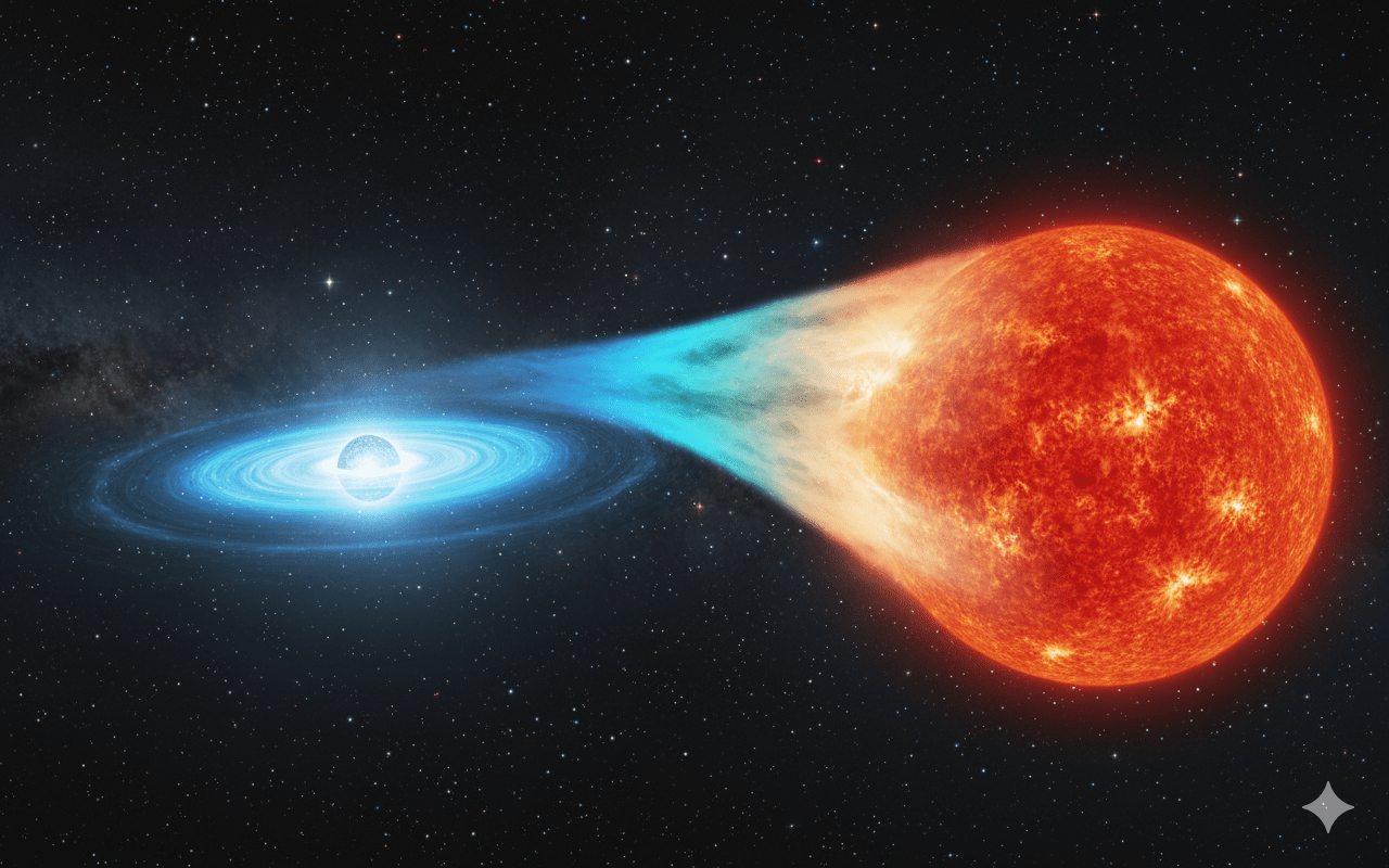 La estrella cede material a su enana blanca compañera mediante vientos estelares, alimentandola y eventualmente haciendola sobrepasar el límite de Chandrasekhar. Así es como medimos el universo.