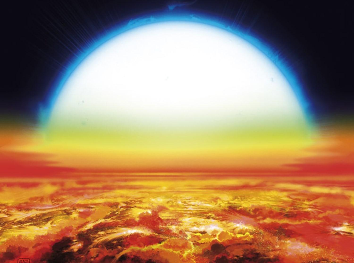 Ilustración de un ocaso en KELT-9b