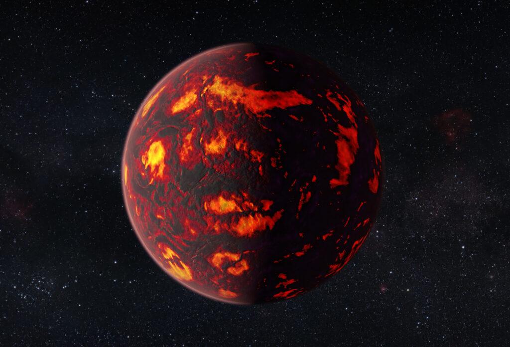 Imagen ilustrativa de 55 Cancri e, que muestra su devastada superficie debido a la cercanía con su estrella.
