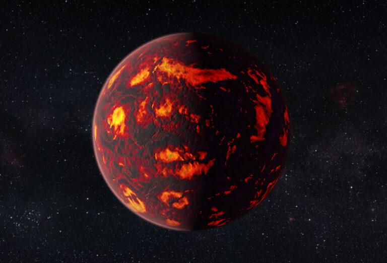 Imagen ilustrativa de 55 Cancri e, que muestra su devastada superficie debido a la cercanía con su estrella.