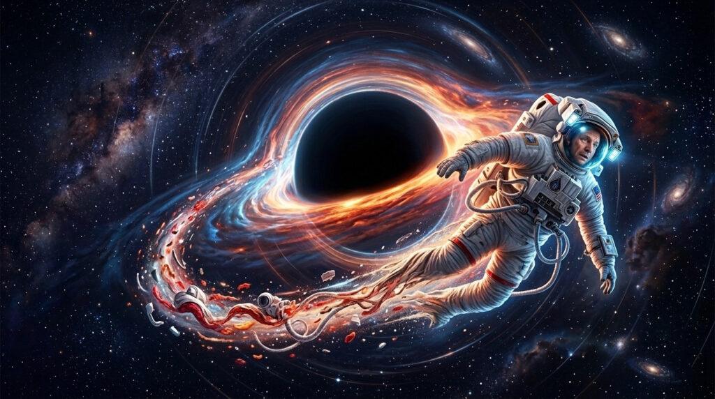 Imagen generada por IA de un astronauta siendo espaguetificado por un agujero negro de masa estelar.