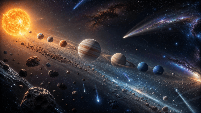 Cuerpos menores del sistema solar con asteroides, cometas y regiones heladas