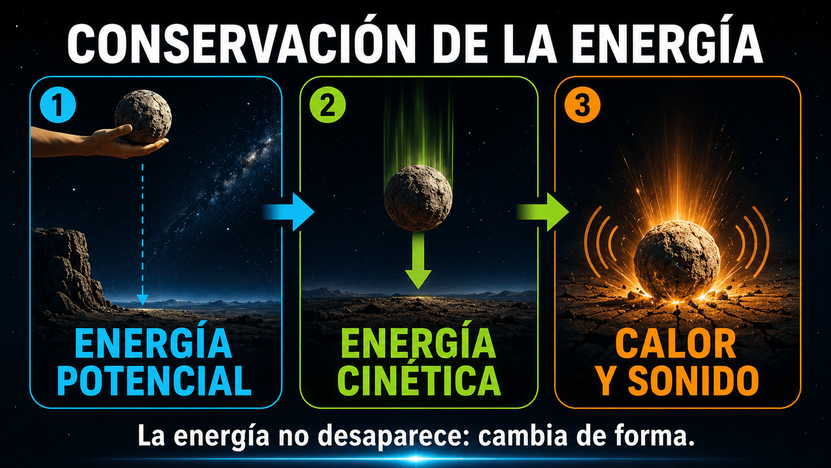 Diagrama de conservación de la energía con una pelota cayendo y transformando energía potencial en cinética.