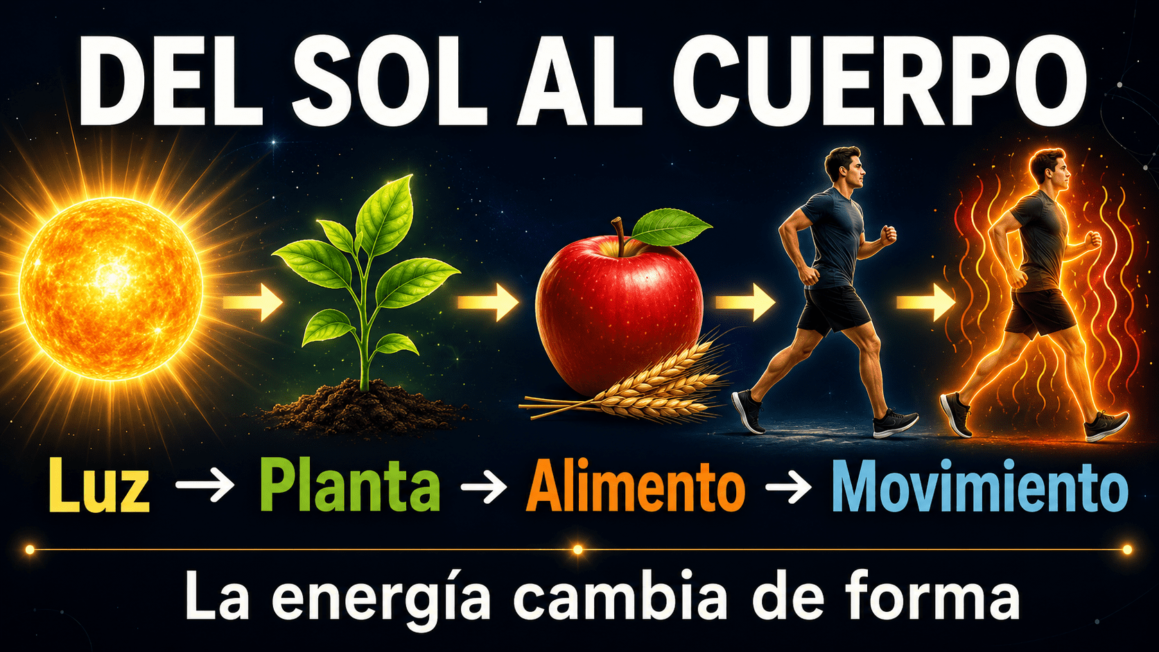 Cadena de transformación de la energía desde el Sol hasta el cuerpo humano, mostrando luz solar, una planta, alimento y movimiento.