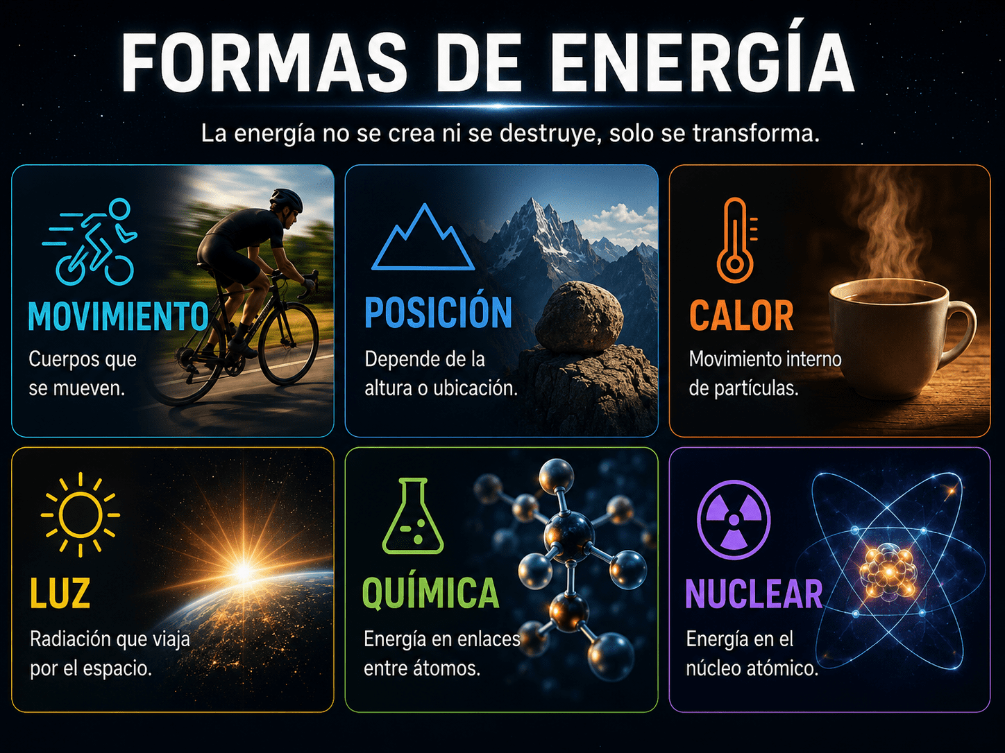 Diagrama simple de las principales formas de energía en física.
