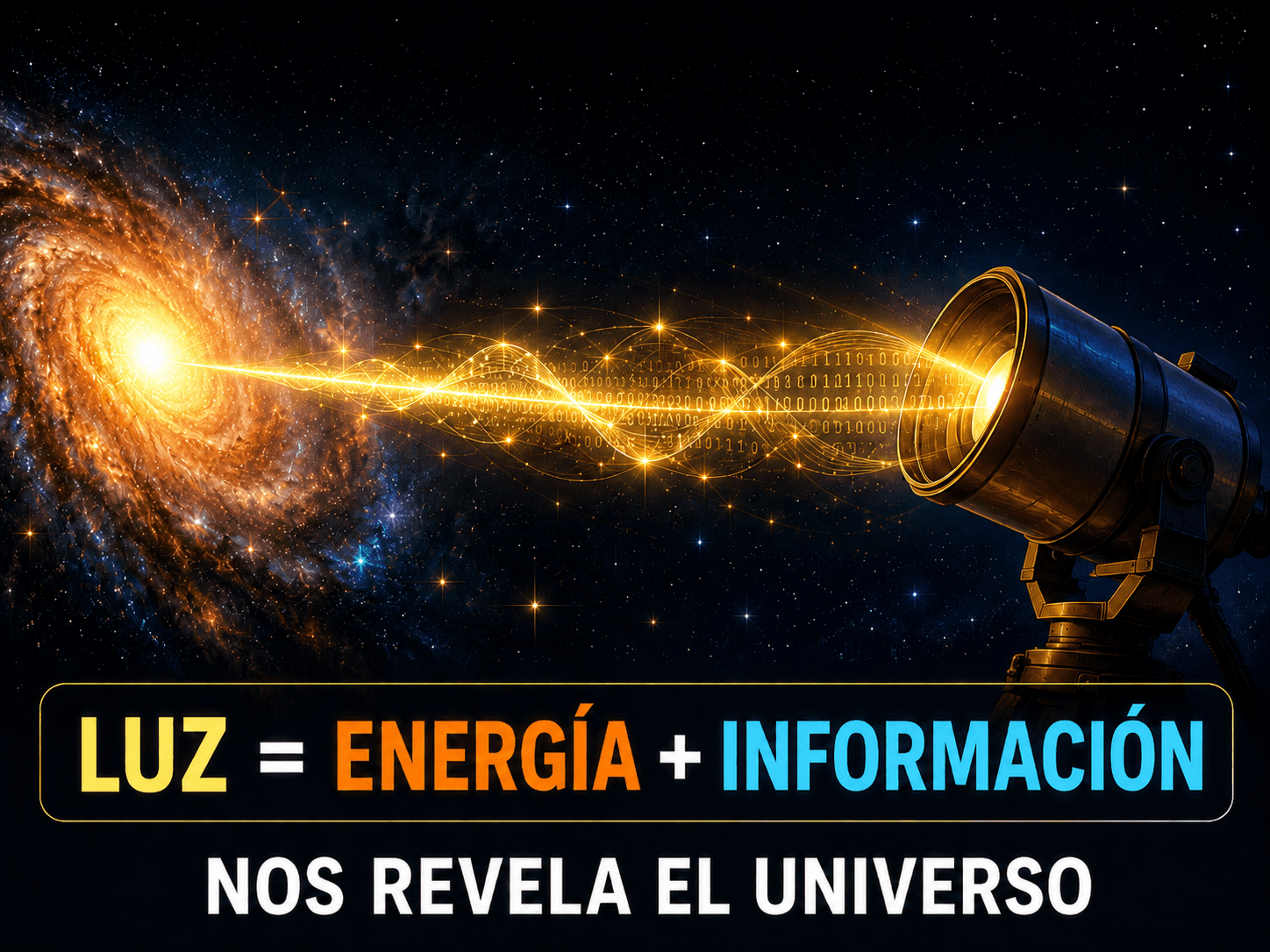 Luz de una estrella lejana viajando por el espacio hasta un telescopio, representando la luz como energía e información del universo.