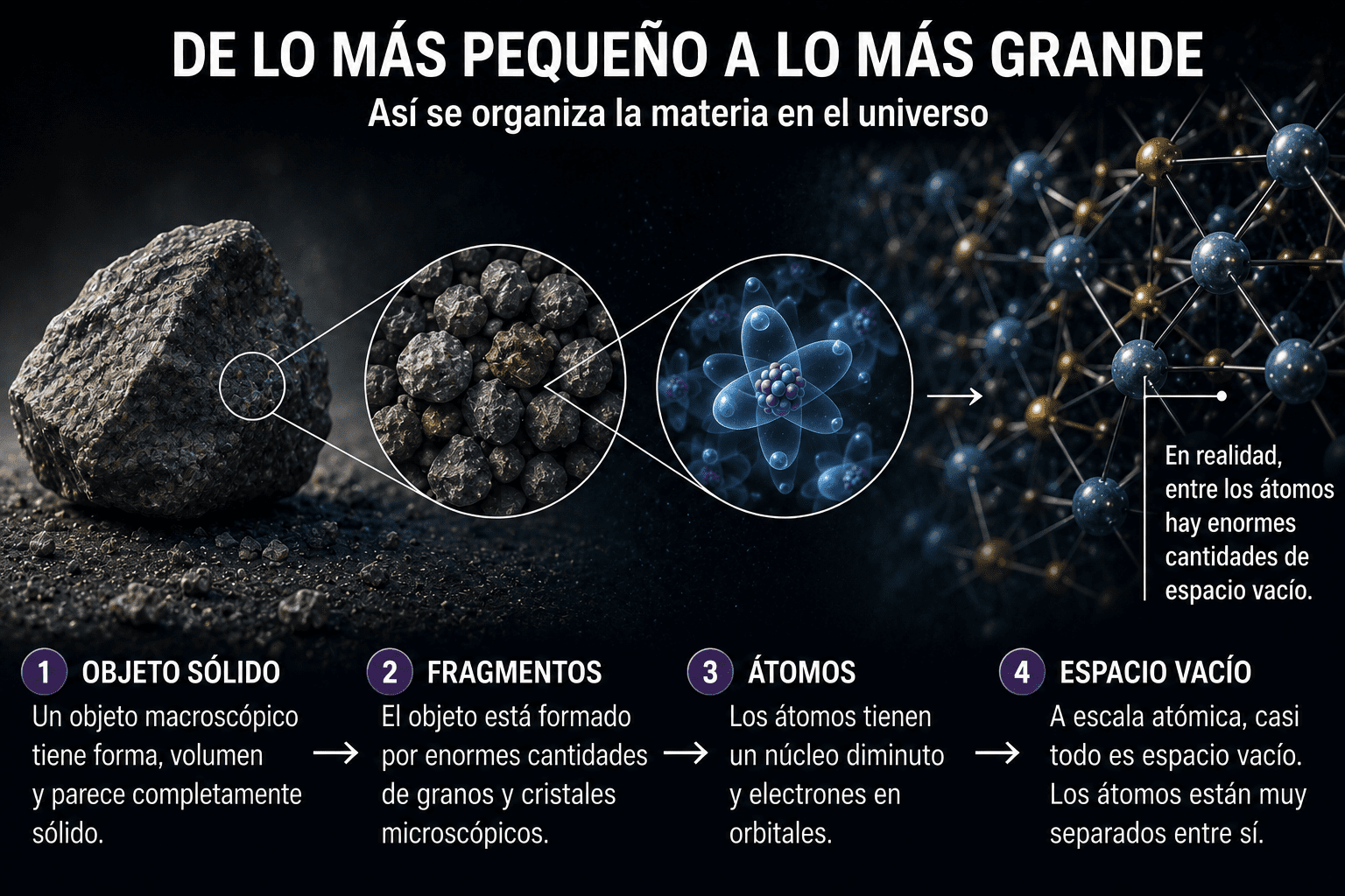 Materia sólida representada como átomos con espacio interno