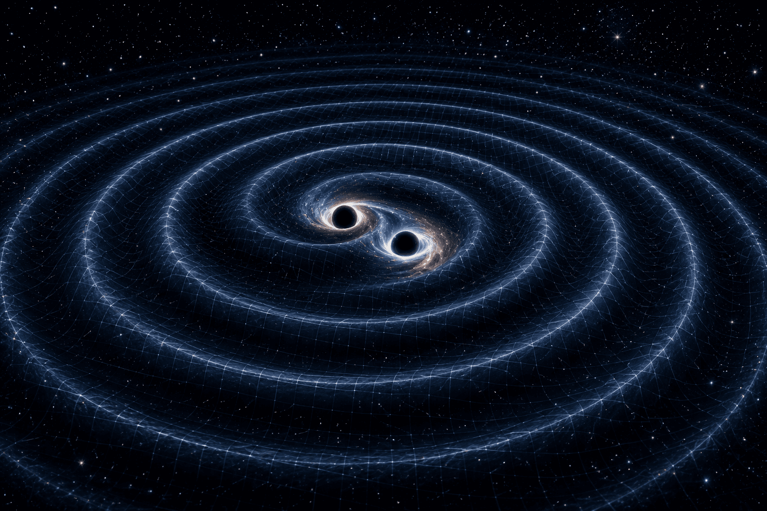 Representación de dos agujeros negros en órbita generando ondas gravitacionales que se expanden a través del espacio-tiempo.