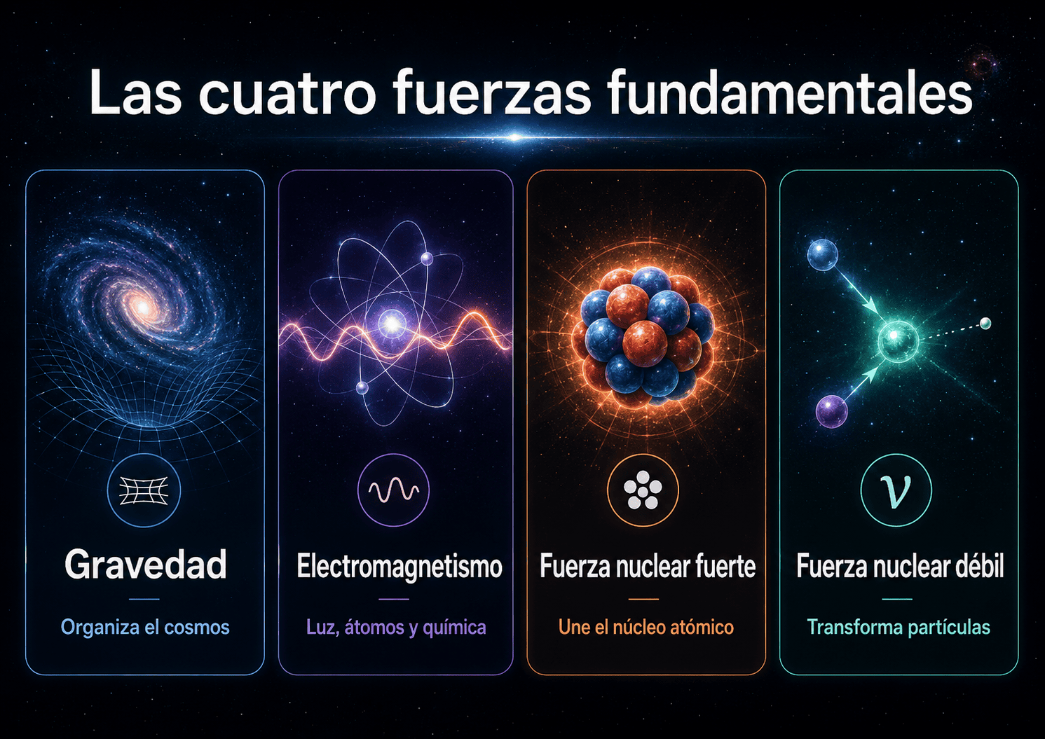Diagrama de las cuatro fuerzas fundamentales: gravedad, electromagnetismo, fuerza fuerte y fuerza débil