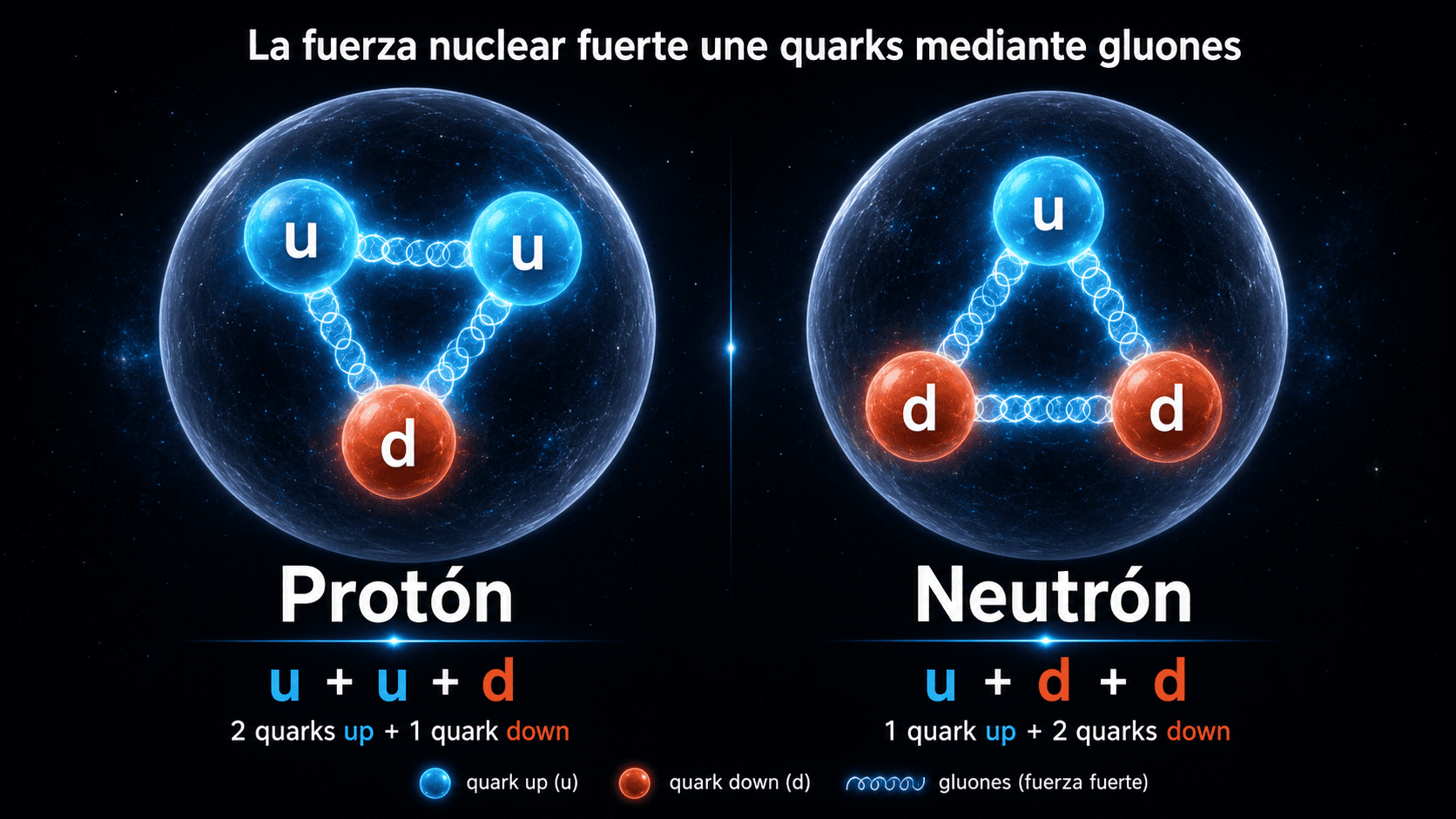 Comparación entre protón y neutrón mostrando sus quarks up y down unidos por gluones mediante la fuerza nuclear fuerte