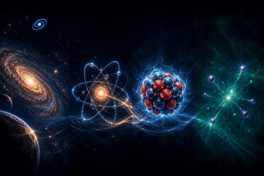 Representación de las fuerzas fundamentales actuando en distintas escalas del universo