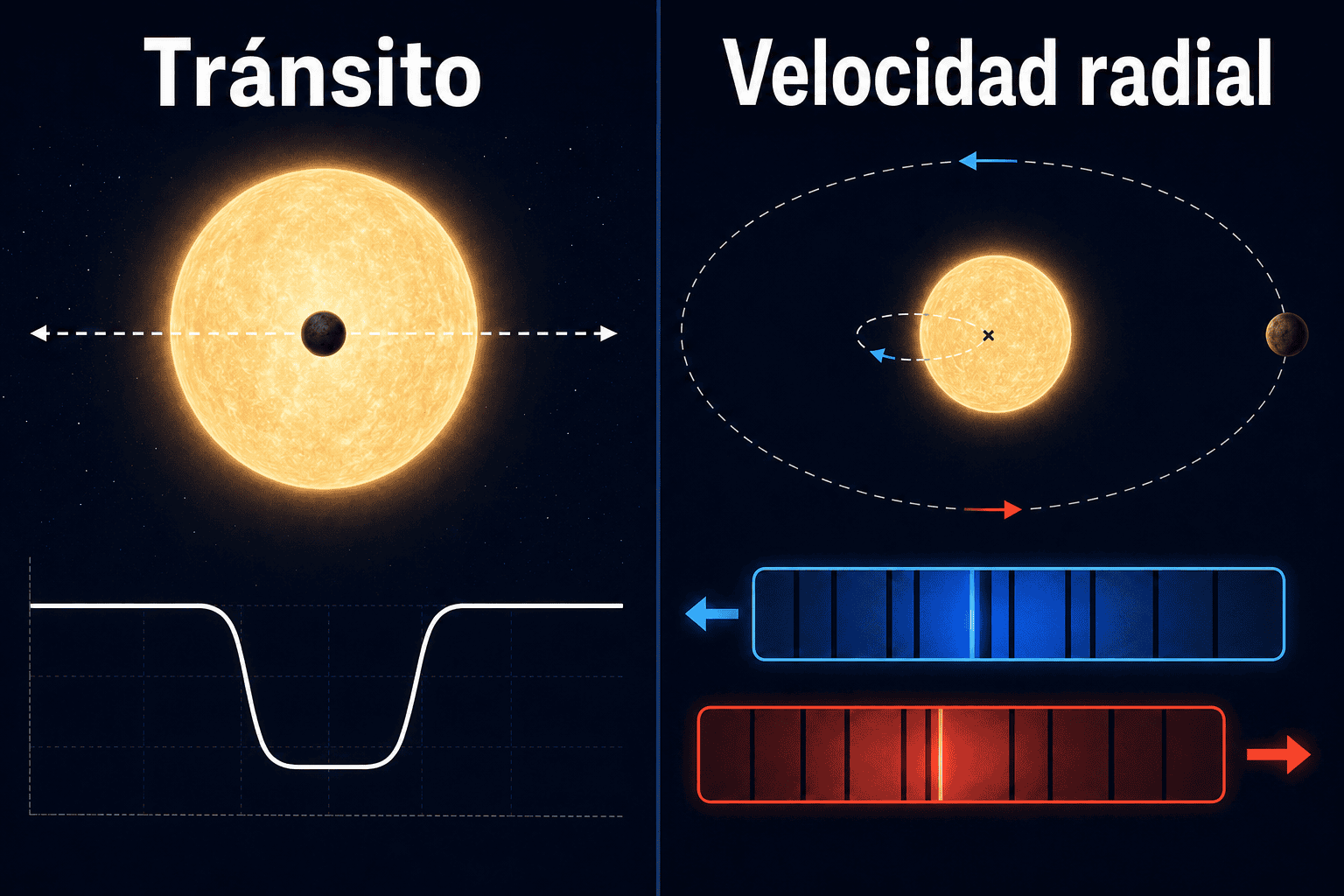 Diagrama de los métodos de tránsito y velocidad radial para detectar exoplanetas.