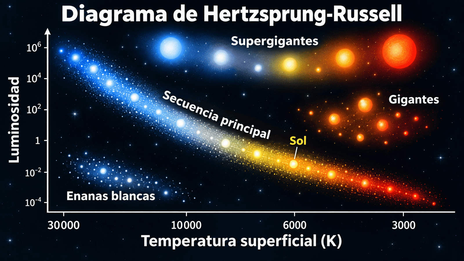 Diagrama H-R con la secuencia principal, las gigantes, las enanas blancas y la posición del Sol.