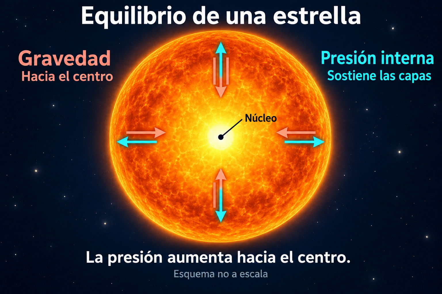 Esquema del equilibrio entre la gravedad y el sostén de la presión interna en una estrella.