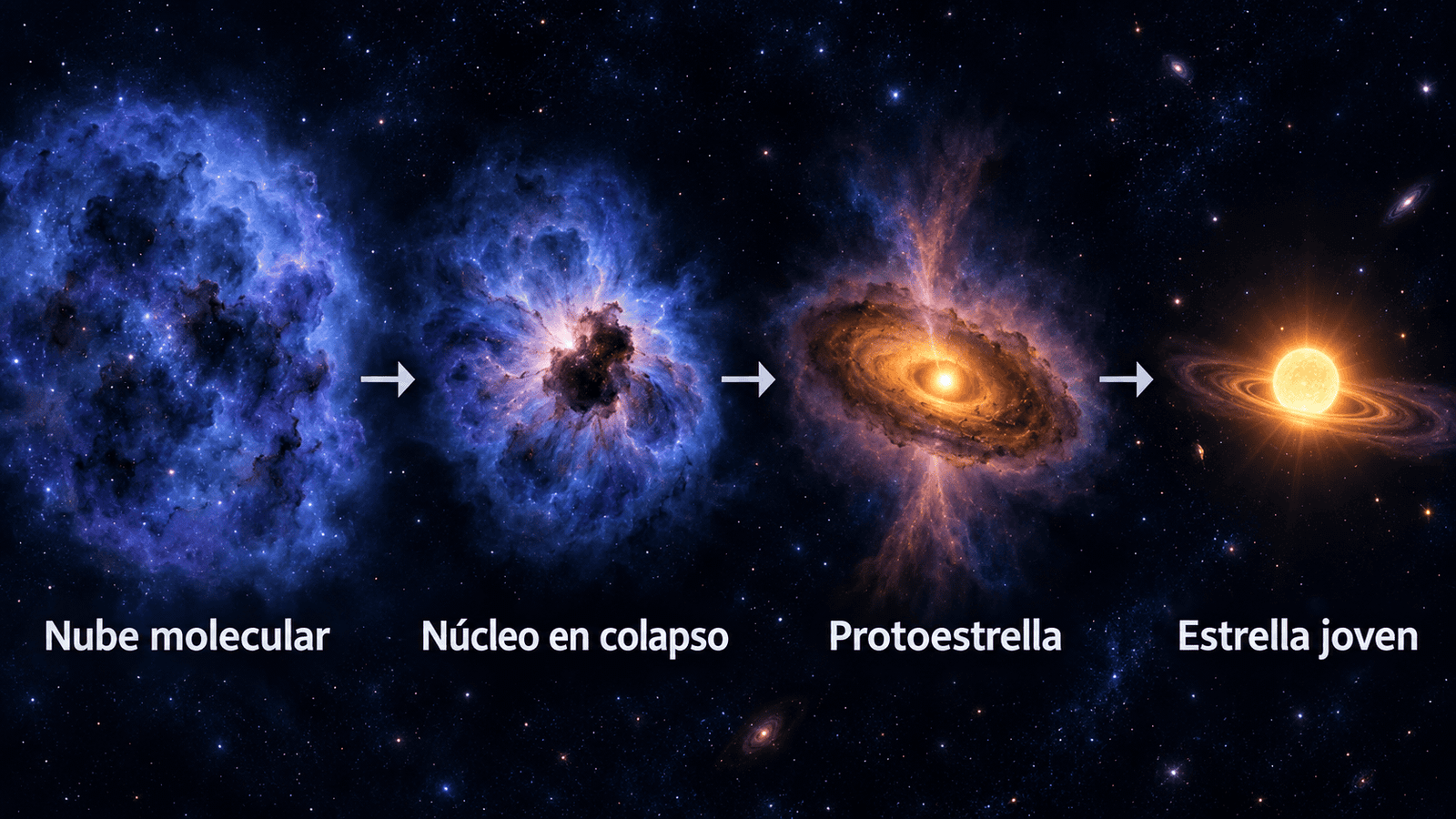 Etapas de la formación estelar desde una nube molecular hasta una estrella joven