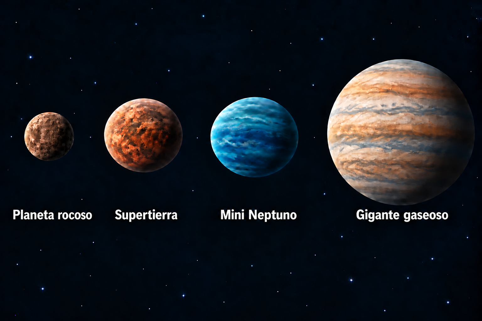 Comparación entre planeta rocoso, supertierra, mini Neptuno y gigante gaseoso.