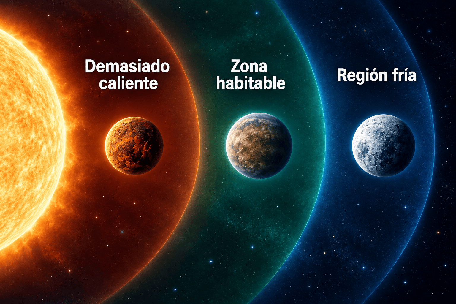 Diagrama de la zona habitable alrededor de una estrella con planetas a distintas distancias.
