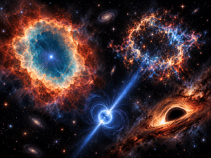 Representación de diferentes finales estelares, con una estrella gigante y materia expulsada al espacio.