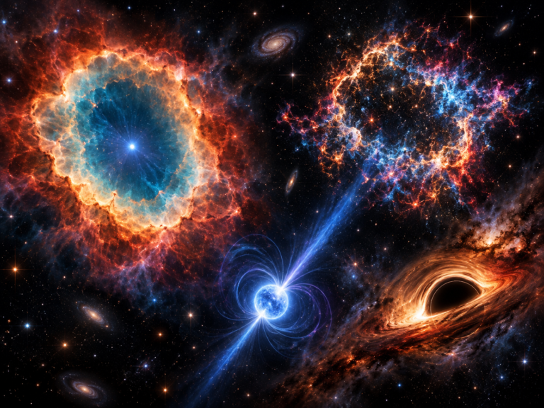 Representación de diferentes finales estelares, con una estrella gigante y materia expulsada al espacio.