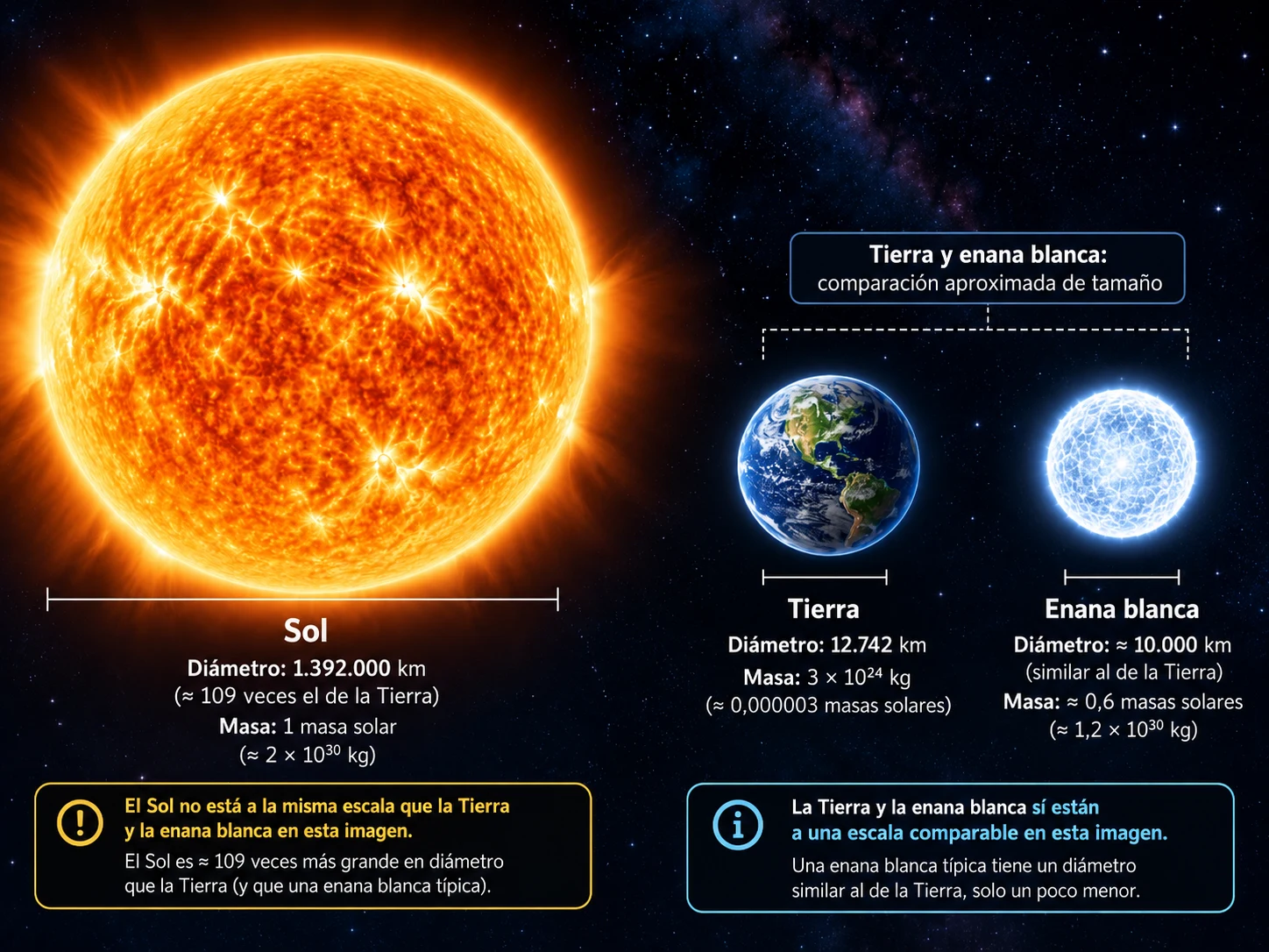 Diagrama comparativo del Sol, la Tierra y una enana blanca, con sus diámetros y masas aproximadas.