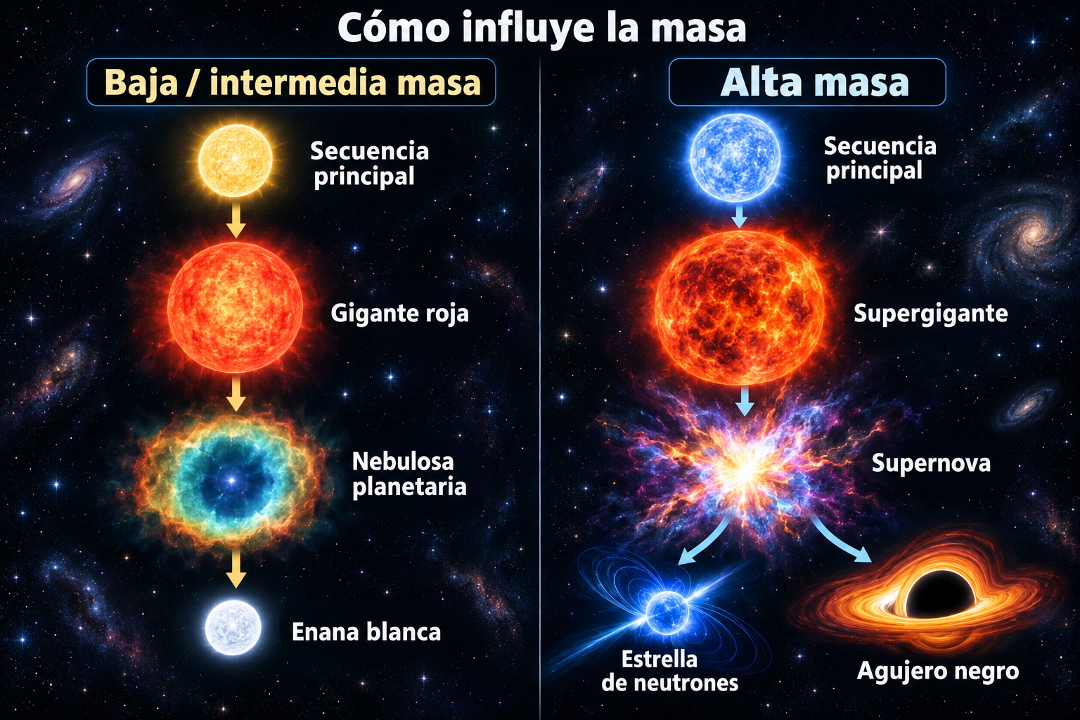 Diagrama de los posibles destinos estelares según su masa: formación de enanas blancas, estrellas de neutrones y agujeros negros.