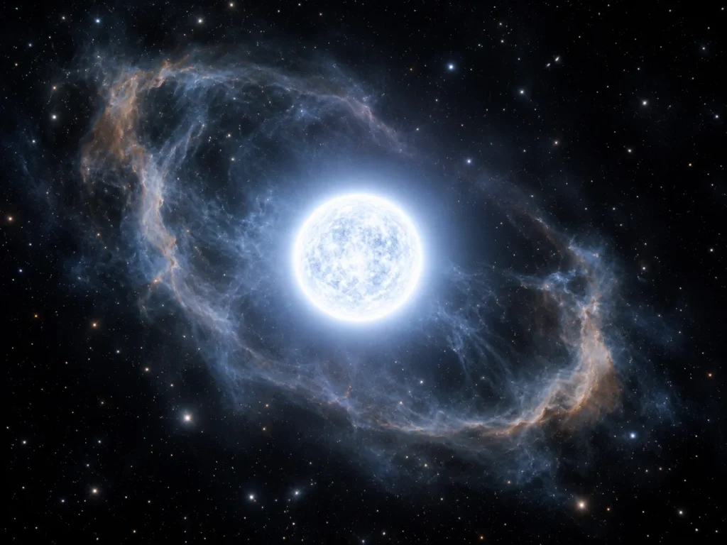 Recreación artística de una enana blanca brillante rodeada por los restos gaseosos de una nebulosa planetaria.