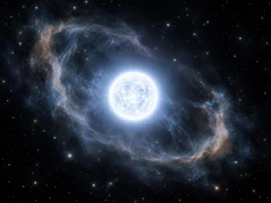 Recreación artística de una enana blanca brillante rodeada por los restos gaseosos de una nebulosa planetaria.