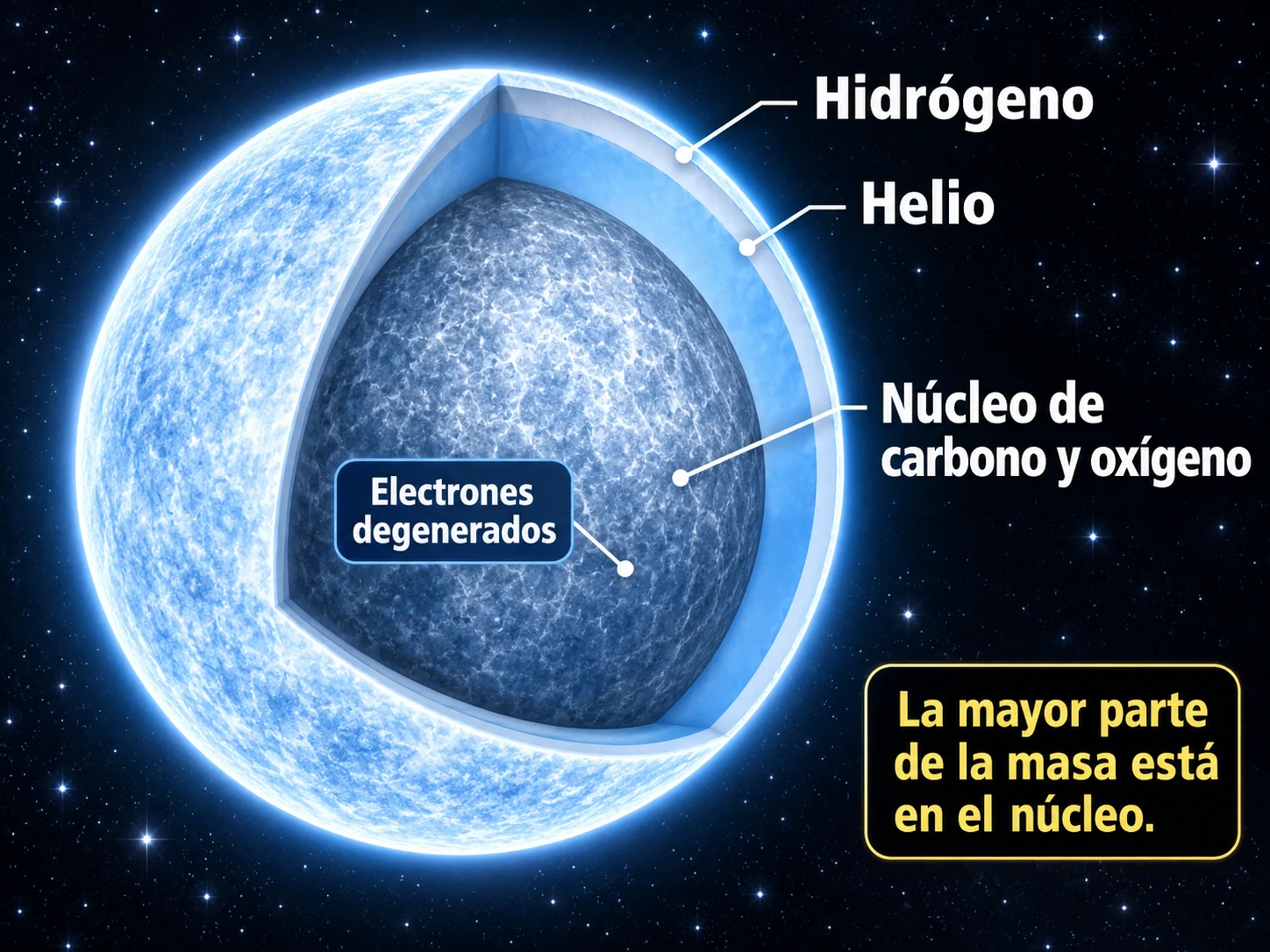 Corte transversal de una enana blanca que muestra sus capas de hidrógeno y helio, el núcleo de carbono y oxígeno y los electrones degenerados.