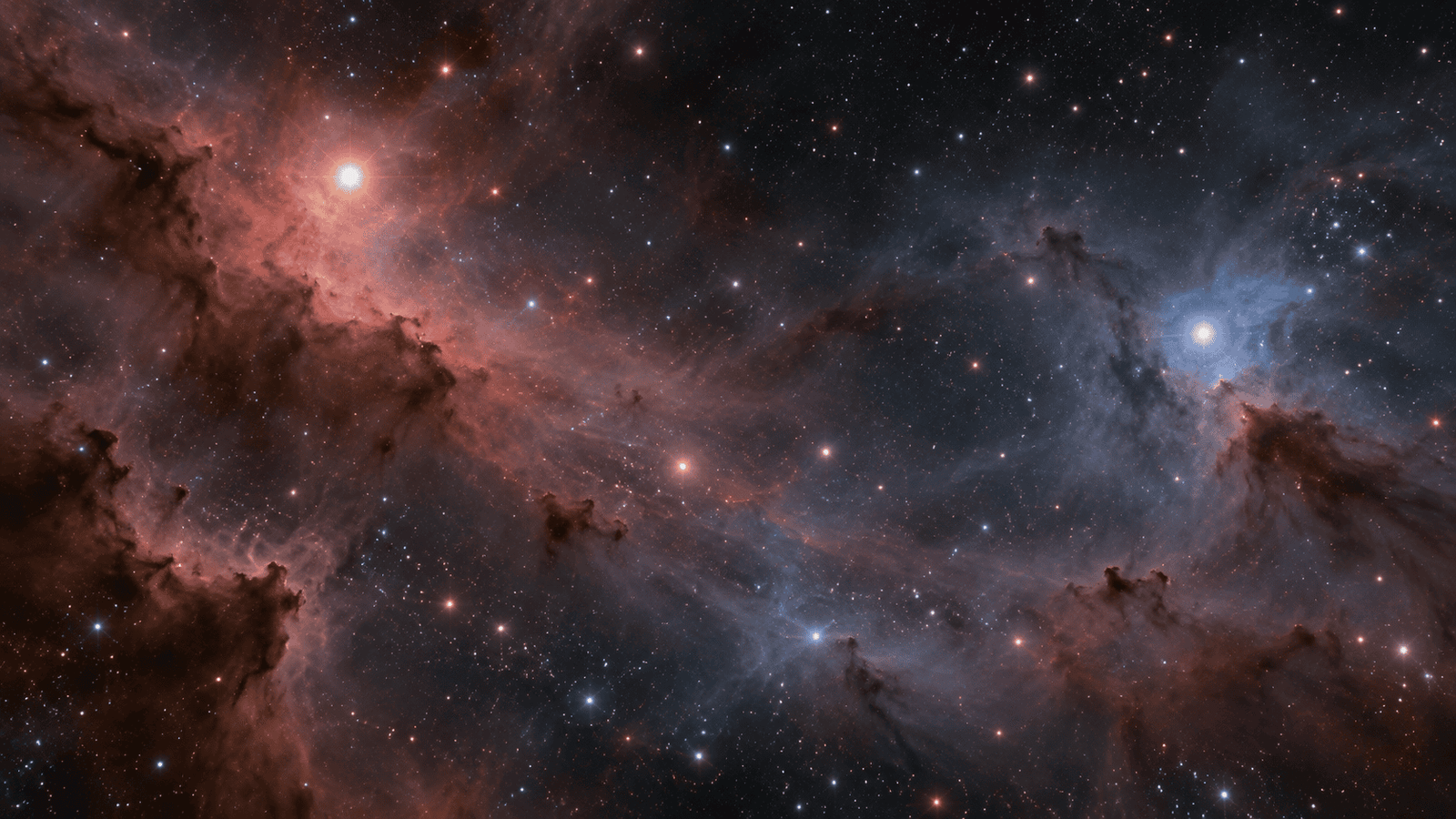 Vista desde el interior de una nebulosa con gas tenue, polvo interestelar y estrellas distribuidas a distintas profundidades