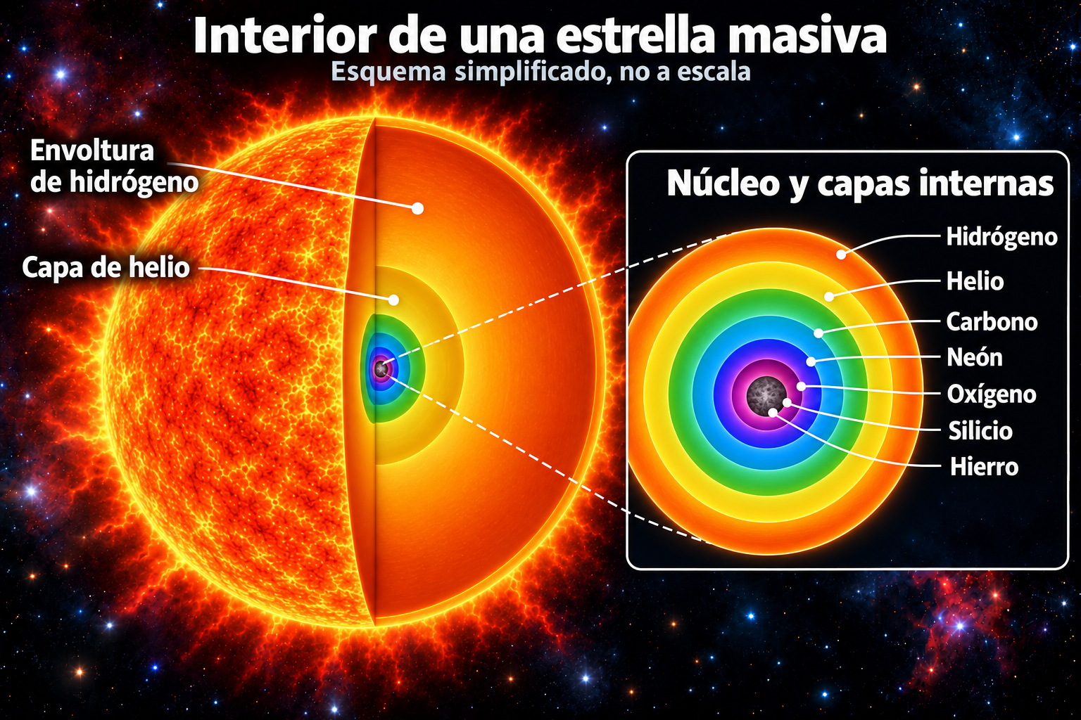 Corte de una estrella masiva con ampliación del núcleo, mostrando capas de hidrógeno, helio, carbono, neón, oxígeno, silicio y hierro.