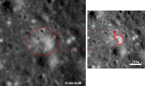 Imágenes orbitales de Kaguya del lugar de alunizaje del Apolo 15, con marcas rojas que identifican una posible alteración del suelo lunar.