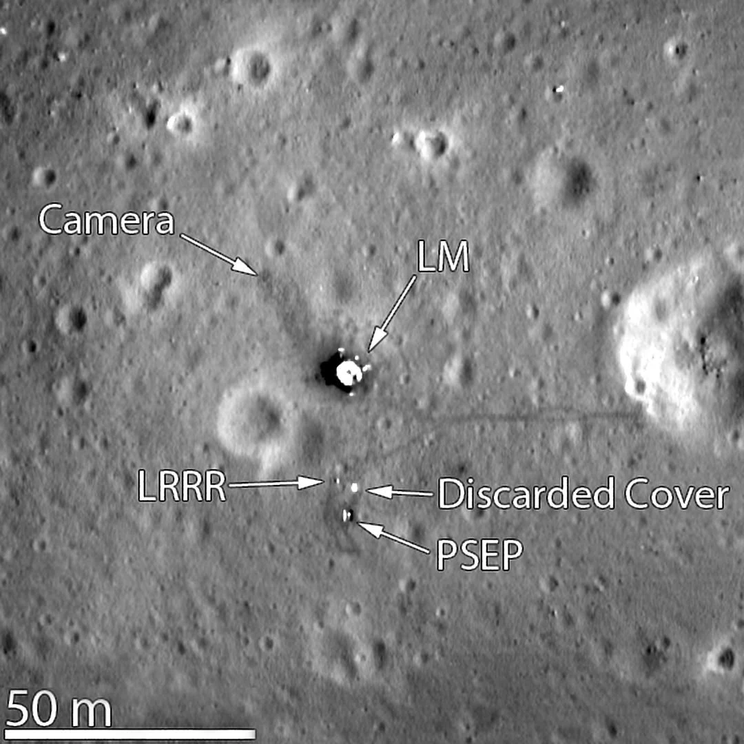 Imagen orbital del lugar de alunizaje del Apolo 11, con etiquetas que señalan el módulo lunar Eagle, instrumentos científicos y objetos dejados sobre la Luna.