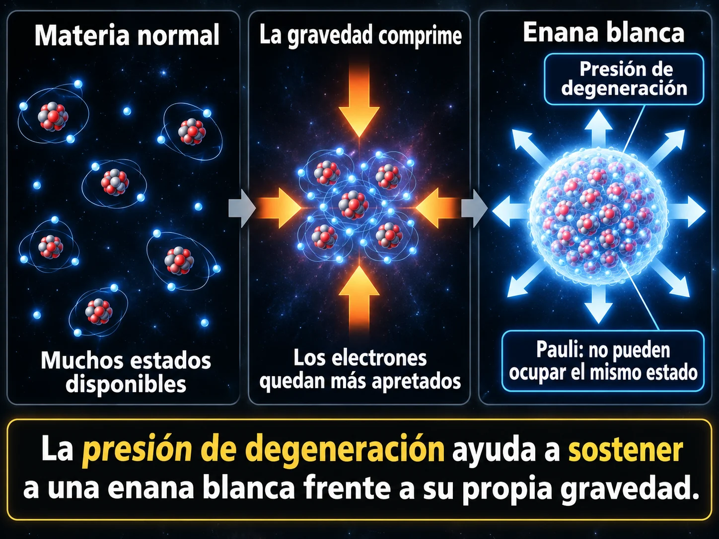 Diagrama de cómo la gravedad comprime la materia de una enana blanca y la presión de degeneración de los electrones contrarresta el colapso gravitatorio.