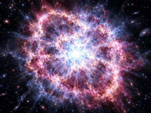 Ilustración de una supernova en plena explosión, con un núcleo brillante y material estelar expulsado en todas direcciones en el espacio profundo.