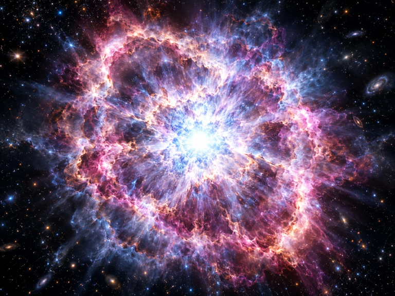Ilustración de una supernova en plena explosión, con un núcleo brillante y material estelar expulsado en todas direcciones en el espacio profundo.