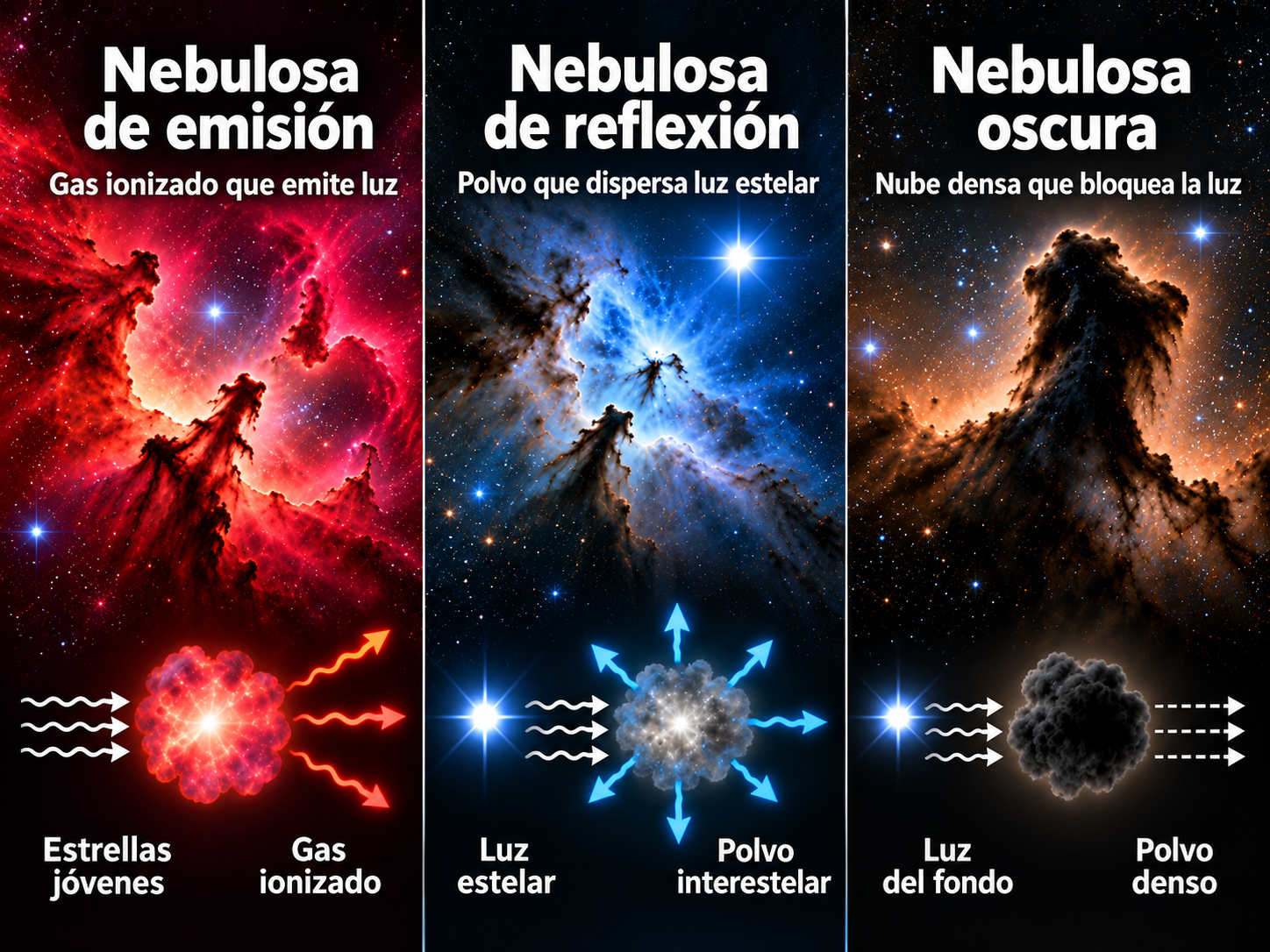 Diferencias entre nebulosas de emisión, reflexión y oscuras según su interacción con la luz